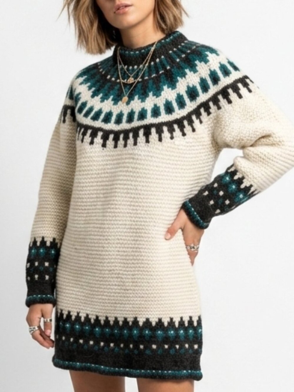 BROOKS BROTHERS Fair Isle Alpaca Wool Tunic Sweater Ivory Medium